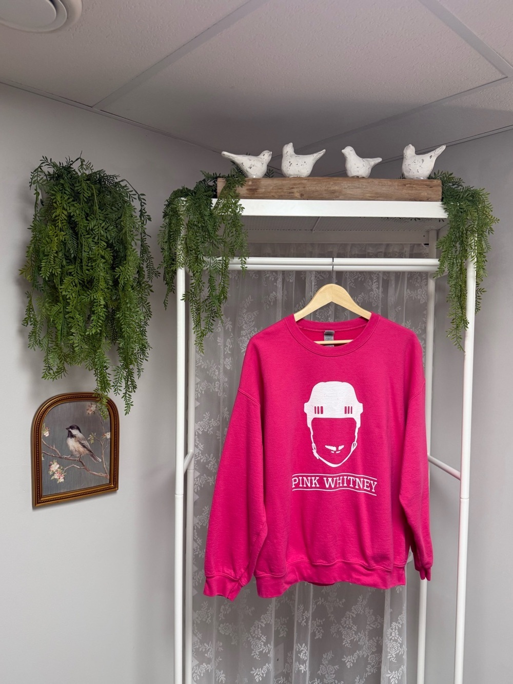 Barstool Sports Pink Whitney Spittin' Chiclets Hockey Helmet Crewneck Sweatshirt